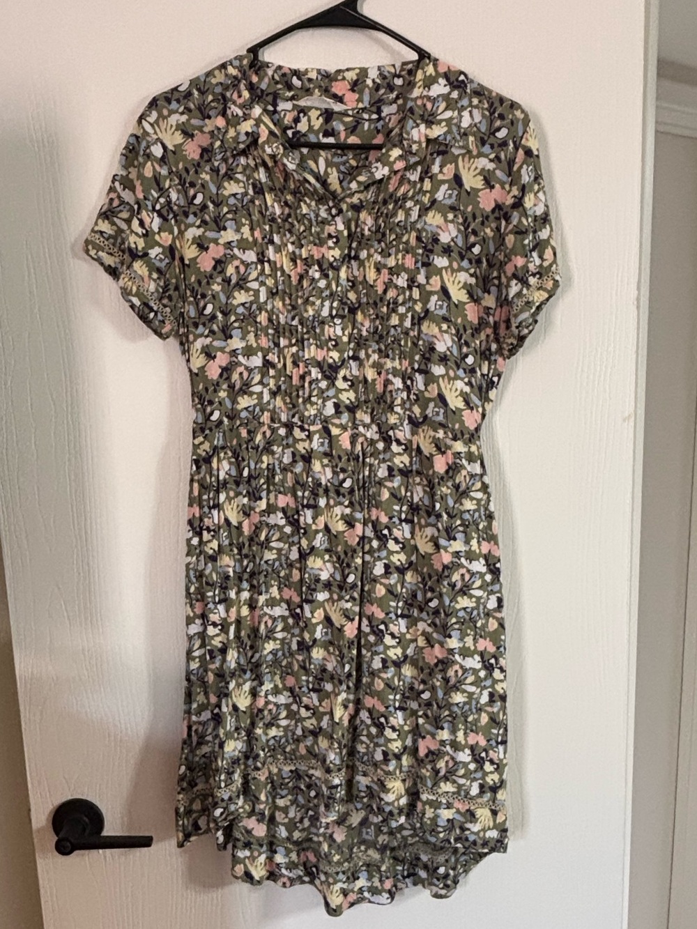 Floral Short Sleeve Smocked Waist Dress - Olive with Pink & Cream